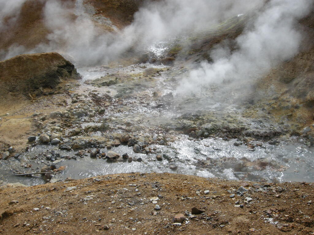 Wanderung durch das Geothermalgebiet, hei&szlig;e Quellen im und am Bach