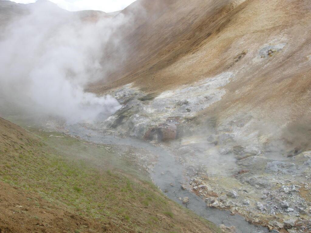 Wanderung durch das Geothermalgebiet, hei&szlig;e Quellen im und am Bach