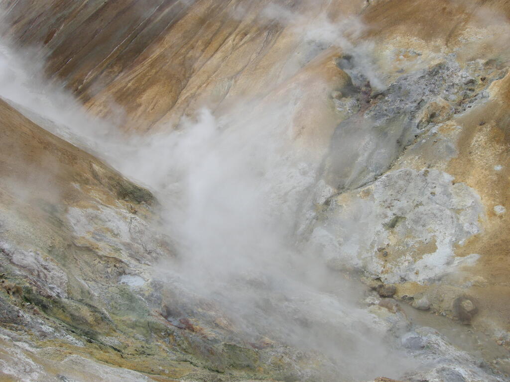 Wanderung durch das Geothermalgebiet, Dampf &uuml;ber dem Bach