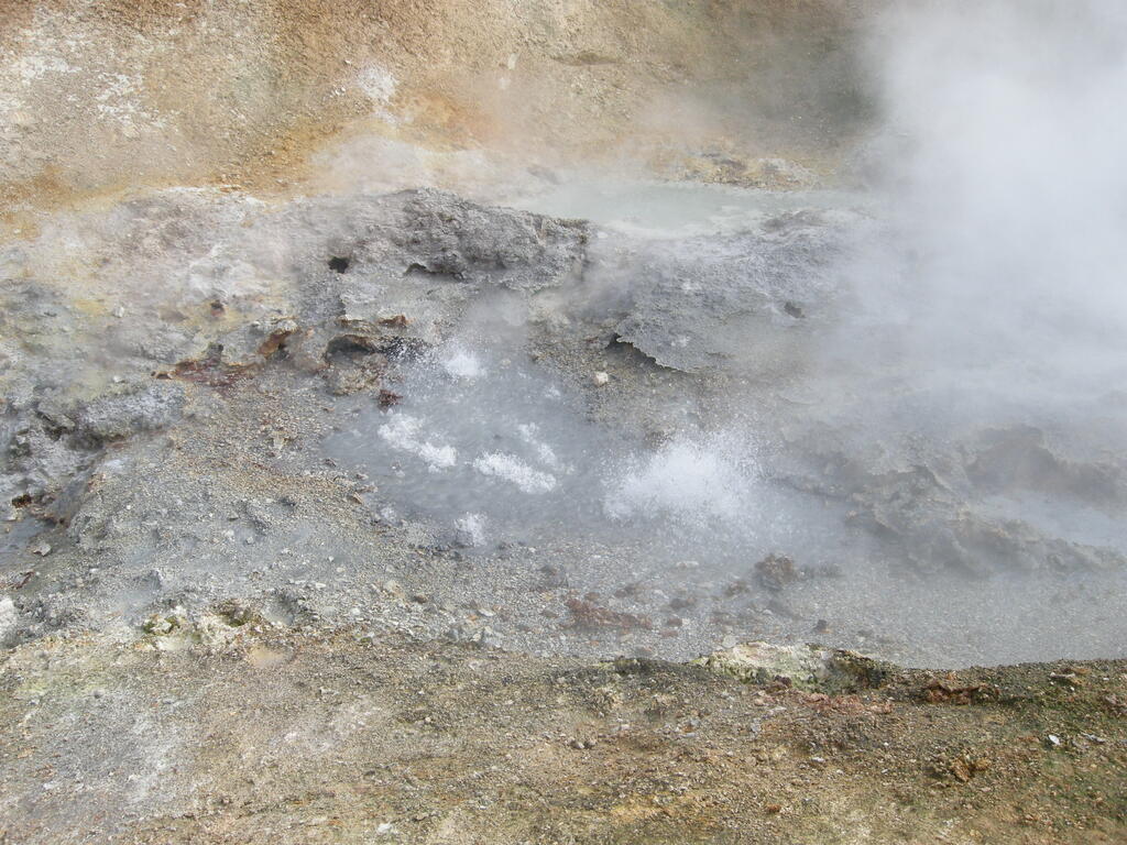 Wanderung durch das Geothermalgebiet, hei&szlig;e Quelle am Weg